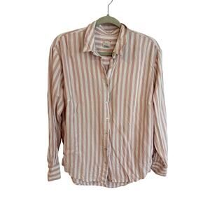 Rose Pink White Stripe Size L Button Blouse Women Feminine Casual Shirt Top